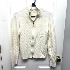 Tommy Hilfiger Zip Up Cardigan, Ivory Collared Sweater, Cable Knit, Size M